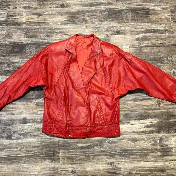 Vintage Echtes Leder Red Leather Bomber jacket - Picture 7 of 8
